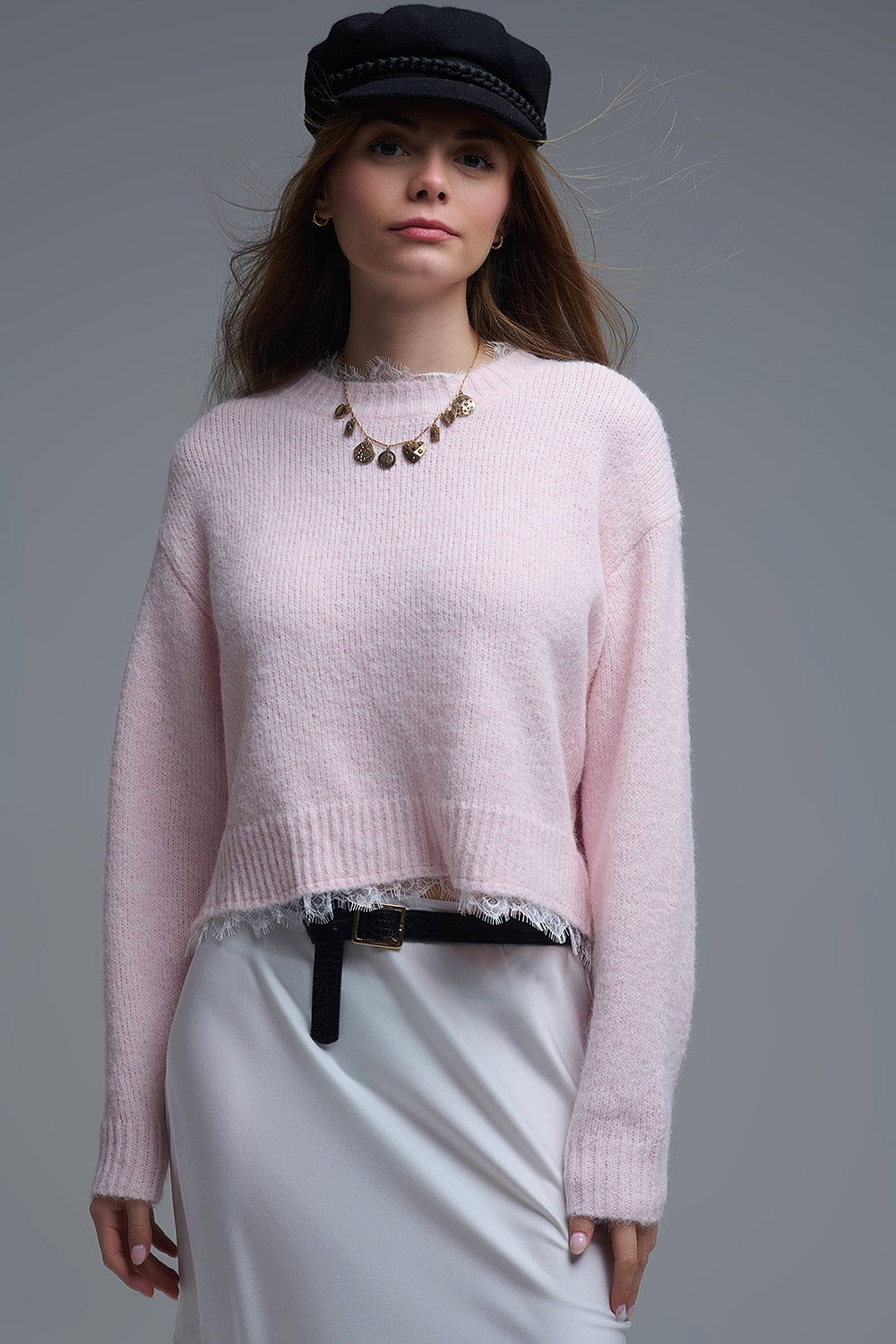 Q2 Camisola descontraída cor-de-rosa com pormenor de renda em cor-de-rosa