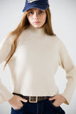 Q2 Camisola descontraída de gola alta com nervuras em creme