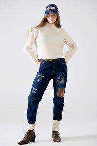 Camisola descontraída de gola alta com nervuras em creme