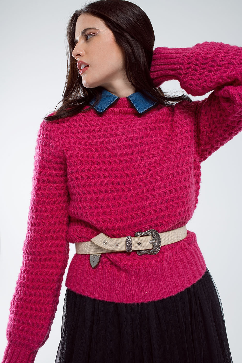 Q2 Camisola descontraída de malha waffle com gola alta em vermelho