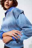 Camisola em azul com design ombre gola redonda e pormenores nas mangas