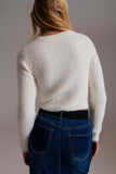Camisola em malha canelada com detalhes de costura em cru