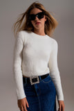 Q2 Camisola em malha canelada com detalhes de costura em cru