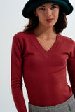 Camisola em V de cor de ferrugem