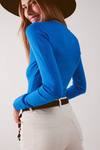 Camisola em V de malha fina azul
