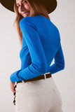 Camisola em V de malha fina azul