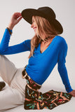 Q2 Camisola em V de malha fina azul