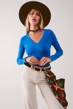 Camisola em V de malha fina azul