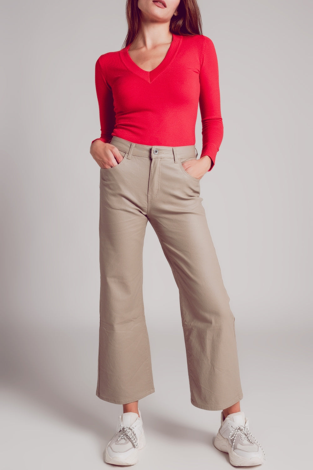 Camisola em V de malha fina vermelho