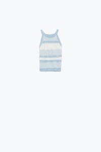 Q2 Camisola interior azul com design de riscas em malhas diferentes