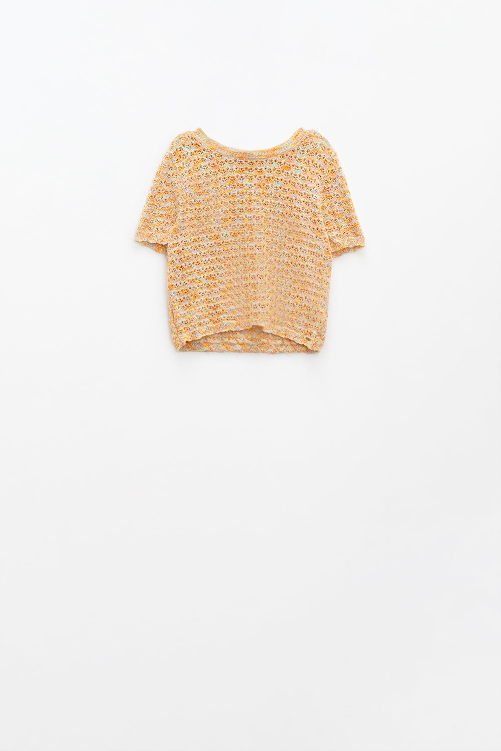 Q2 camisola laranja de manga curta em malha croché