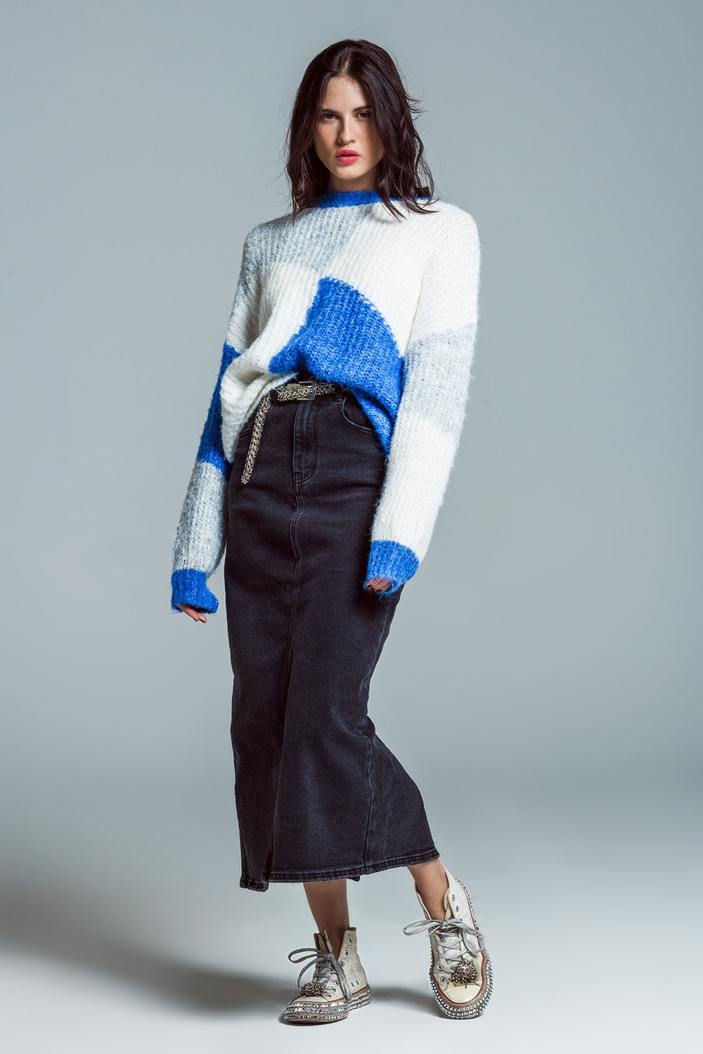 Camisola oversized com blocos de cores em canelado azul e branco