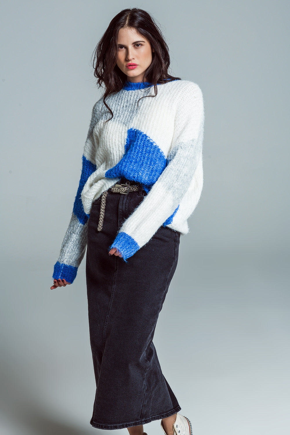 Camisola oversized com blocos de cores em canelado azul e branco