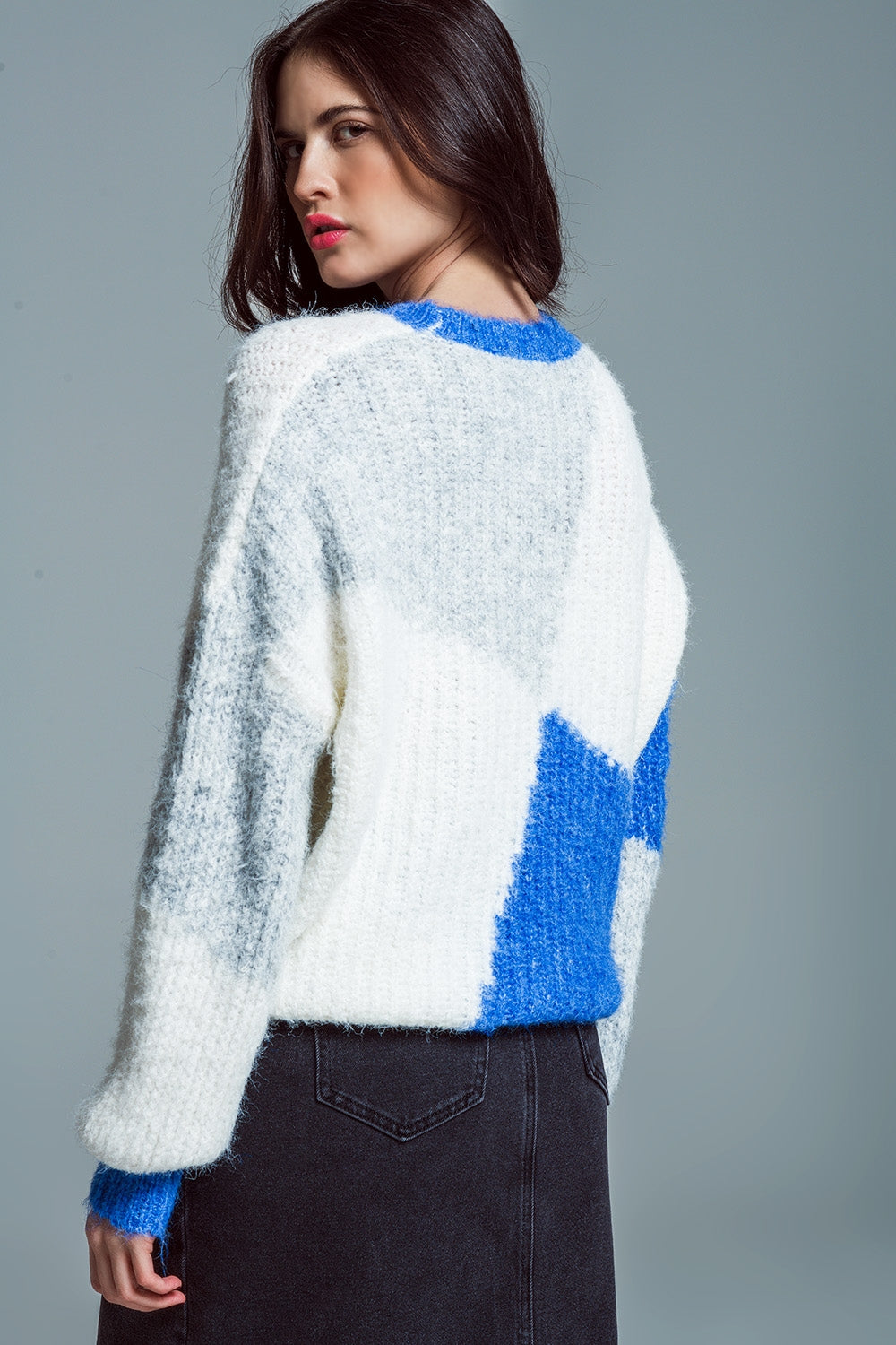 Camisola oversized com blocos de cores em canelado azul e branco