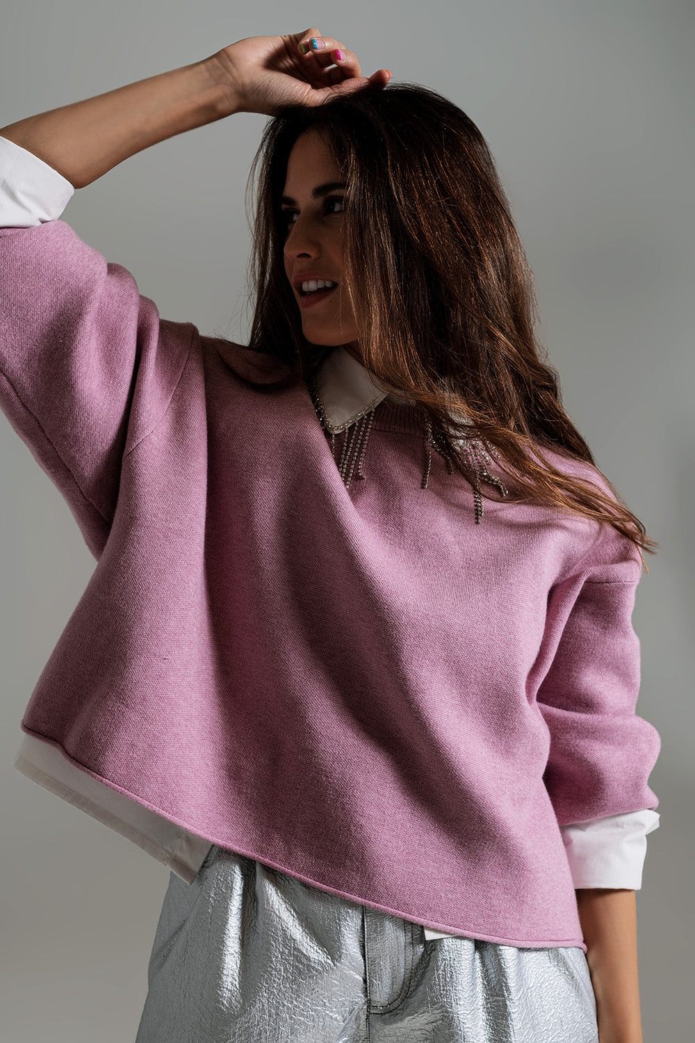 Q2 Camisola oversized com decote em barco em rosa antigo