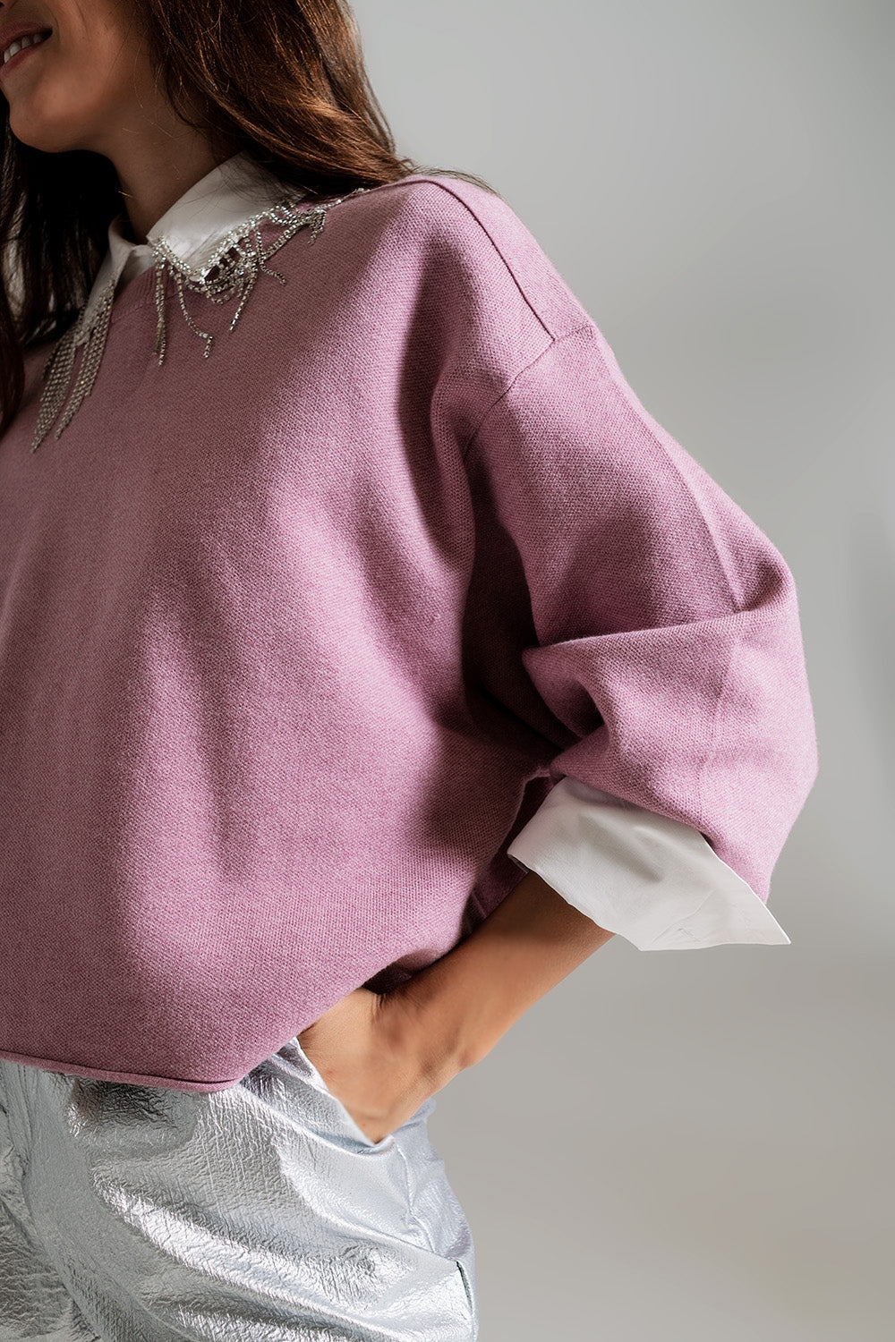 Camisola oversized com decote em barco em rosa antigo