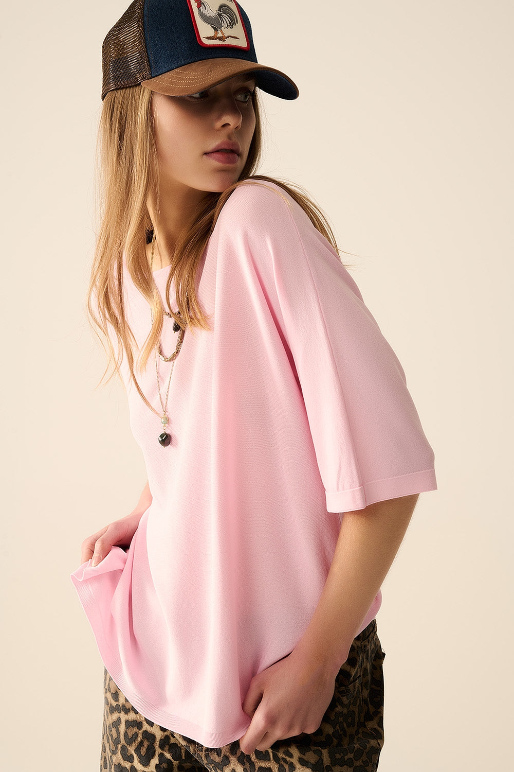 Q2 Camisola oversized em cor-de-rosa com mangas até ao cotovelo