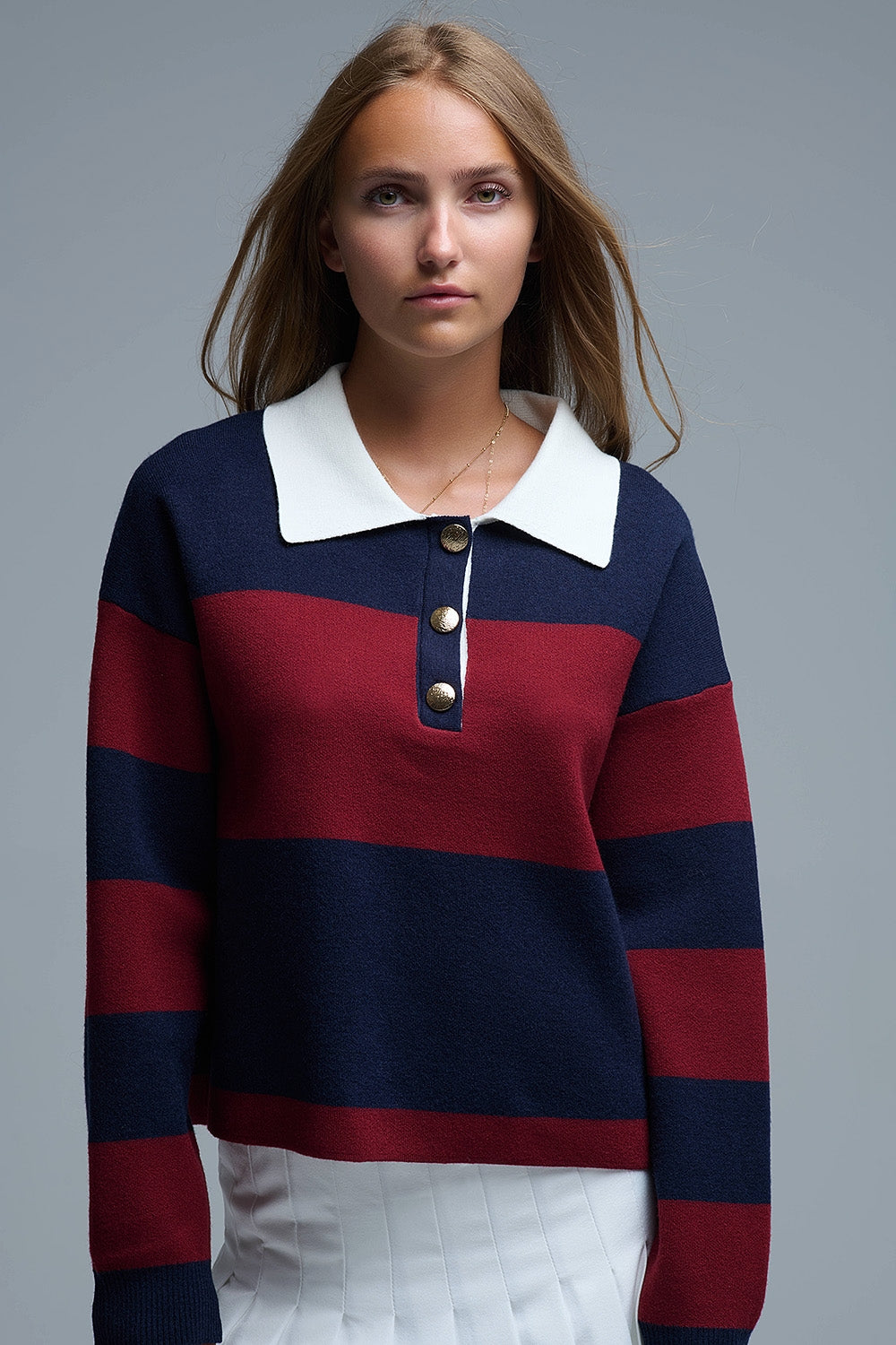 Q2 Camisola pólo às riscas Ivy em azul-marinho e bordeaux
