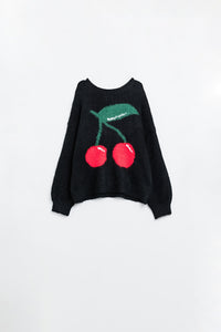Q2 camisola preta com estampado de cerejas