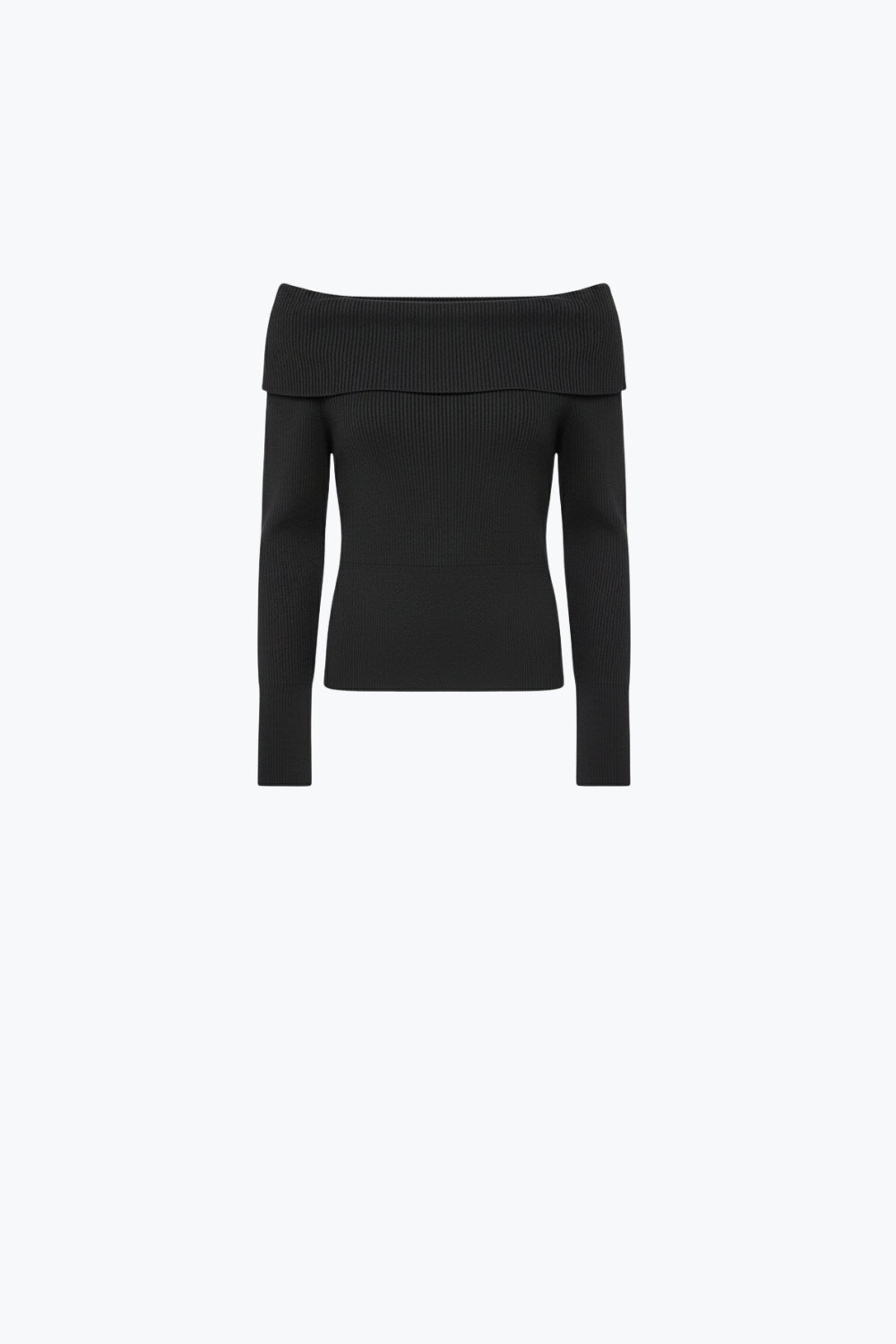 Q2 camisola preta de malha canelada fina com gola redonda larga
