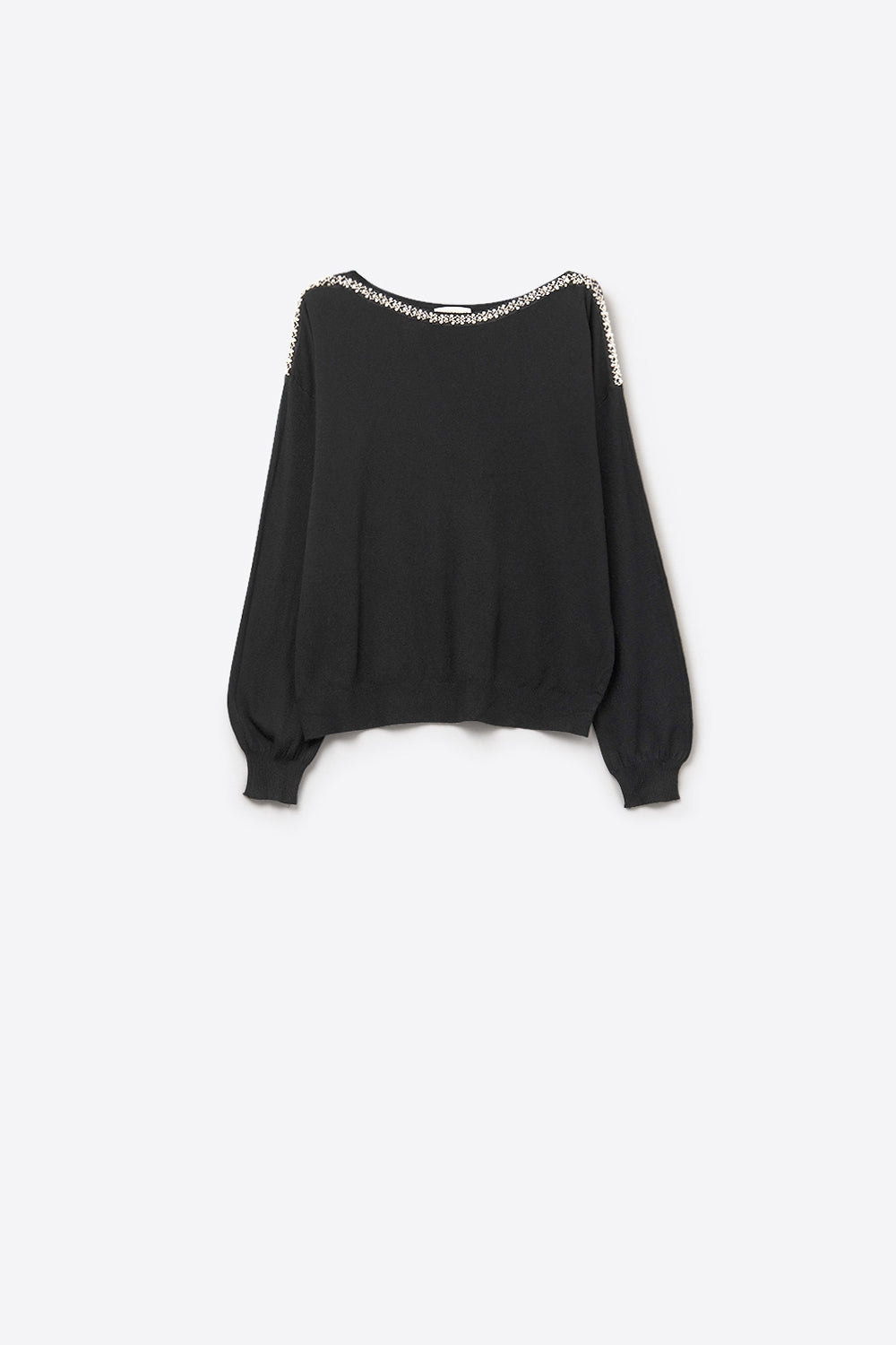 Q2 Camisola preta de malha fina com gola redonda e pormenor de strass