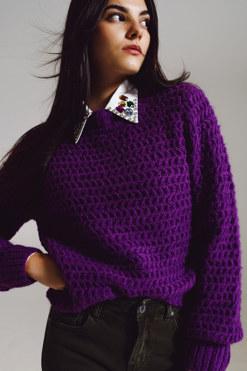 Q2 Camisola Relaxada de Malha em Waffle com Gola Alta em Roxo
