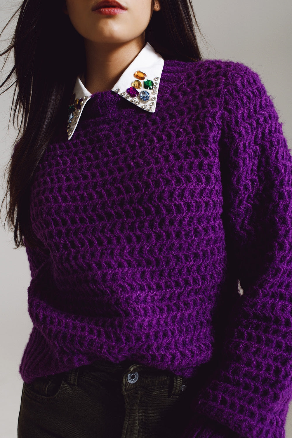 Camisola Relaxada de Malha em Waffle com Gola Alta em Roxo