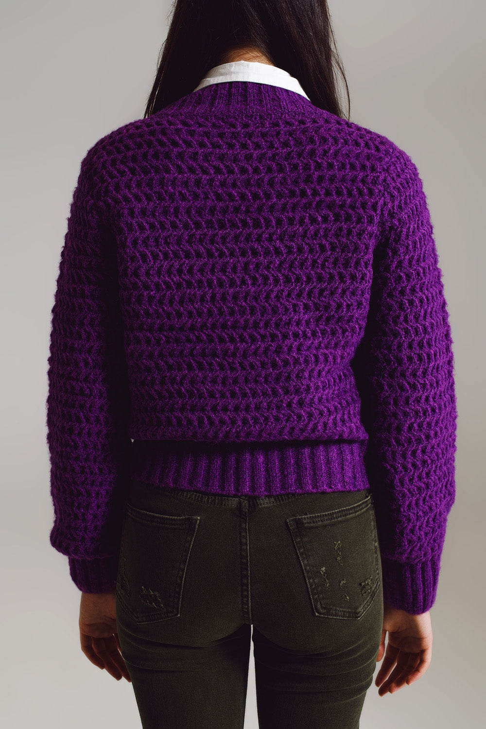 Camisola Relaxada de Malha em Waffle com Gola Alta em Roxo