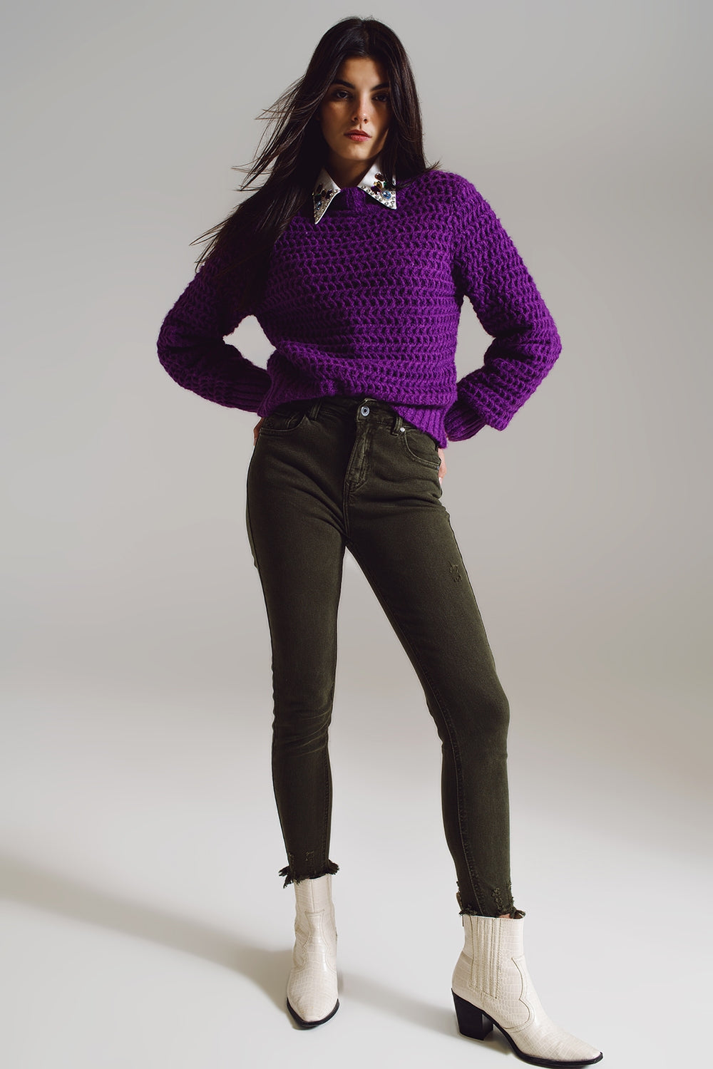 Camisola Relaxada de Malha em Waffle com Gola Alta em Roxo