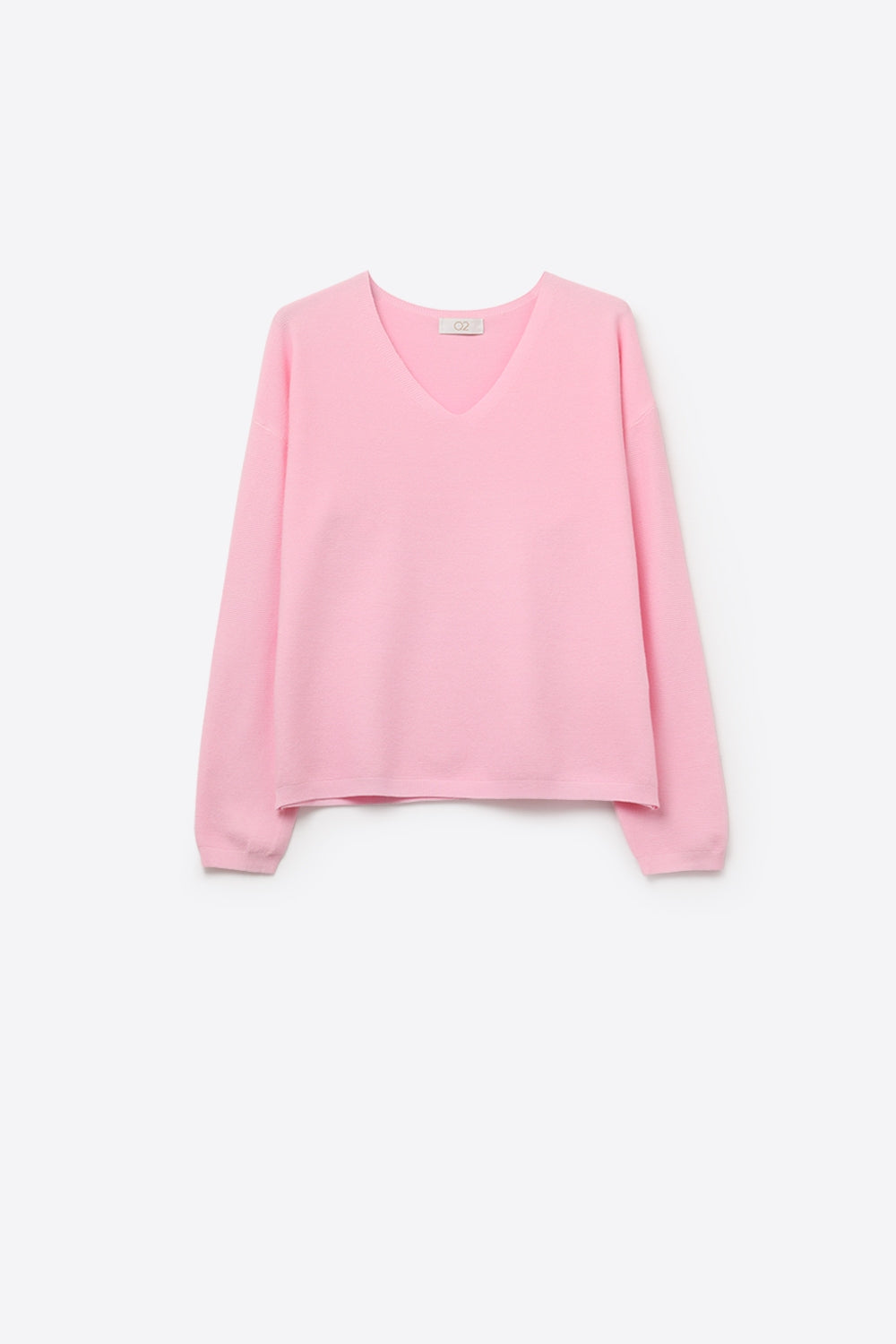 Q2 Camisola rosa de malha fina com decote em V e textura linear subtil