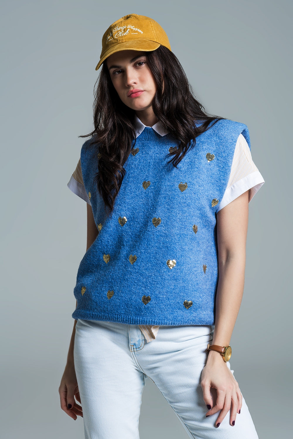 Q2 Camisola sem mangas em azul com corações de lantejoulas prateadas