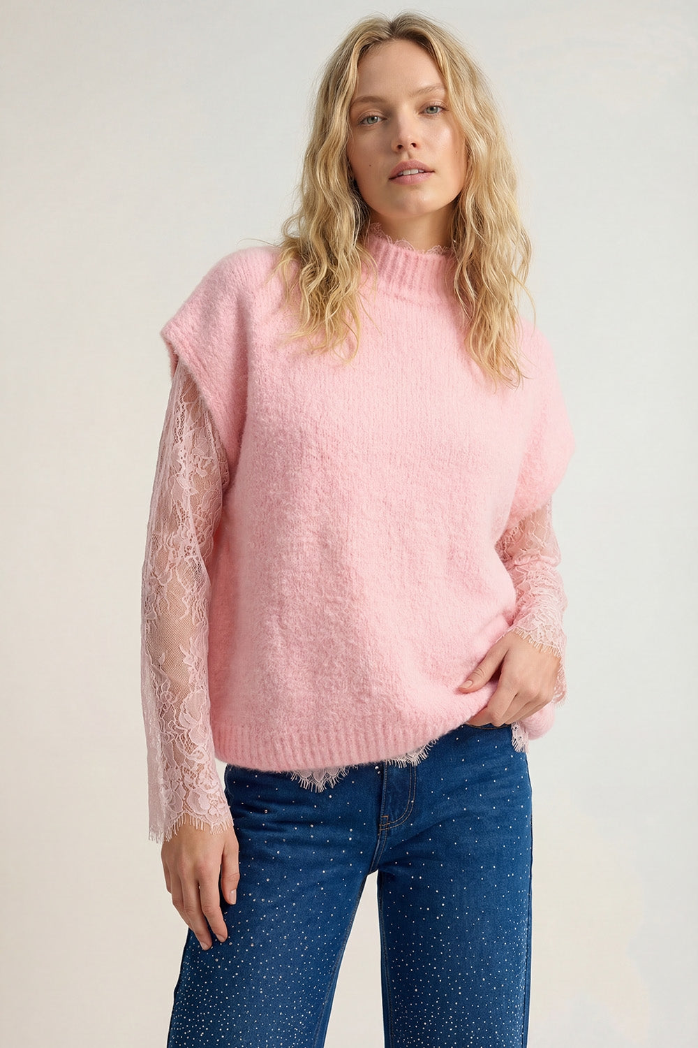 Q2 Camisola sem mangas em malha macia com forro de renda em cor-de-rosa