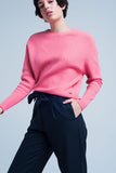 Q2 Camisola texturizada rosa com gola redonda motivo listrado