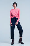 Camisola texturizada rosa com gola redonda motivo listrado
