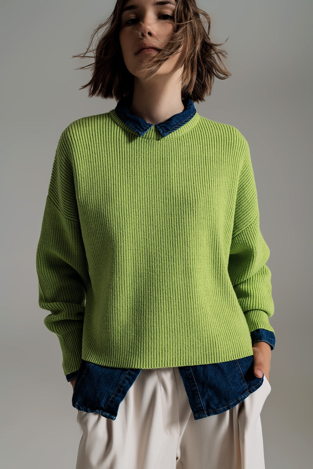 Q2 Camisola tricotado volumoso relaxado em verde