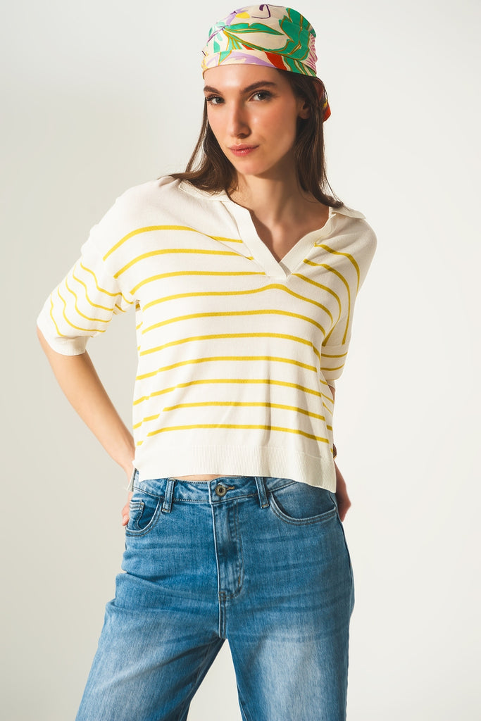 Q2 Camisola verde com pescoço de polo listrado modelo Vintage 70s