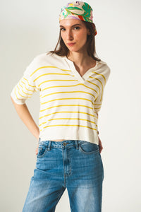 Q2 Camisola verde com pescoço de polo listrado modelo Vintage 70s