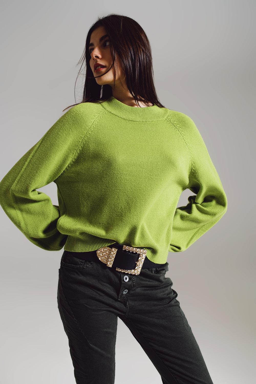 Q2 Camisola verde de estilo descontraído com mangas balão