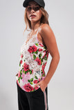 Camisole de cetim com corte em renda e impressão em rosas