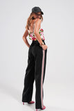 Camisole de cetim com corte em renda e impressão em rosas