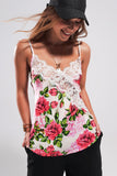 Camisole de cetim com corte em renda e impressão em rosas