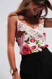 Camisole de cetim com corte em renda e impressão em rosas