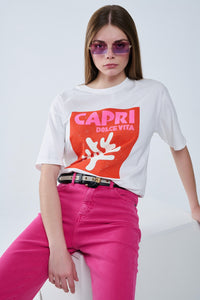 Q2 Capri La Dolce Vita T-shirt branca com estampado gráfico