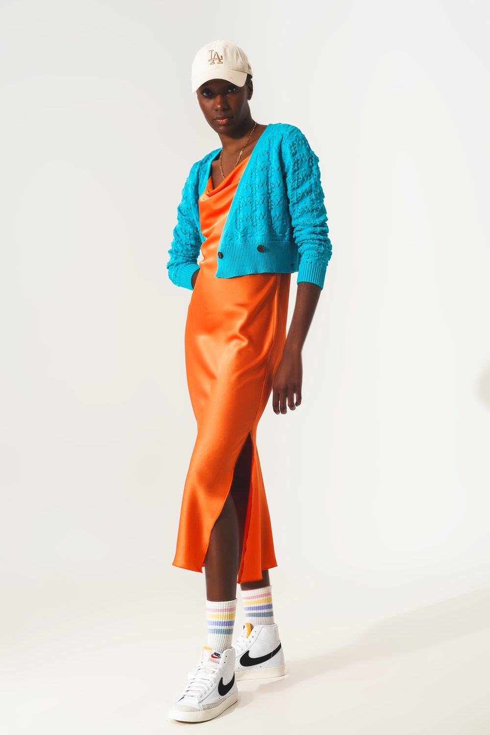 Cardigã de malha azul de pointelle