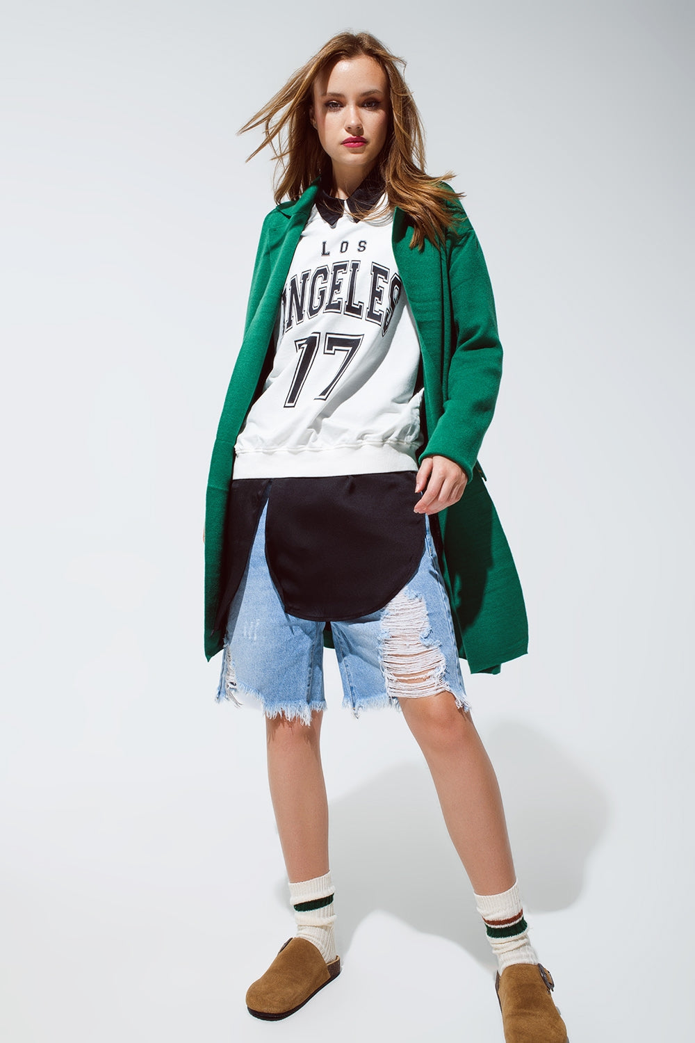 Q2 Cardigã maxi com gola oversized em verde