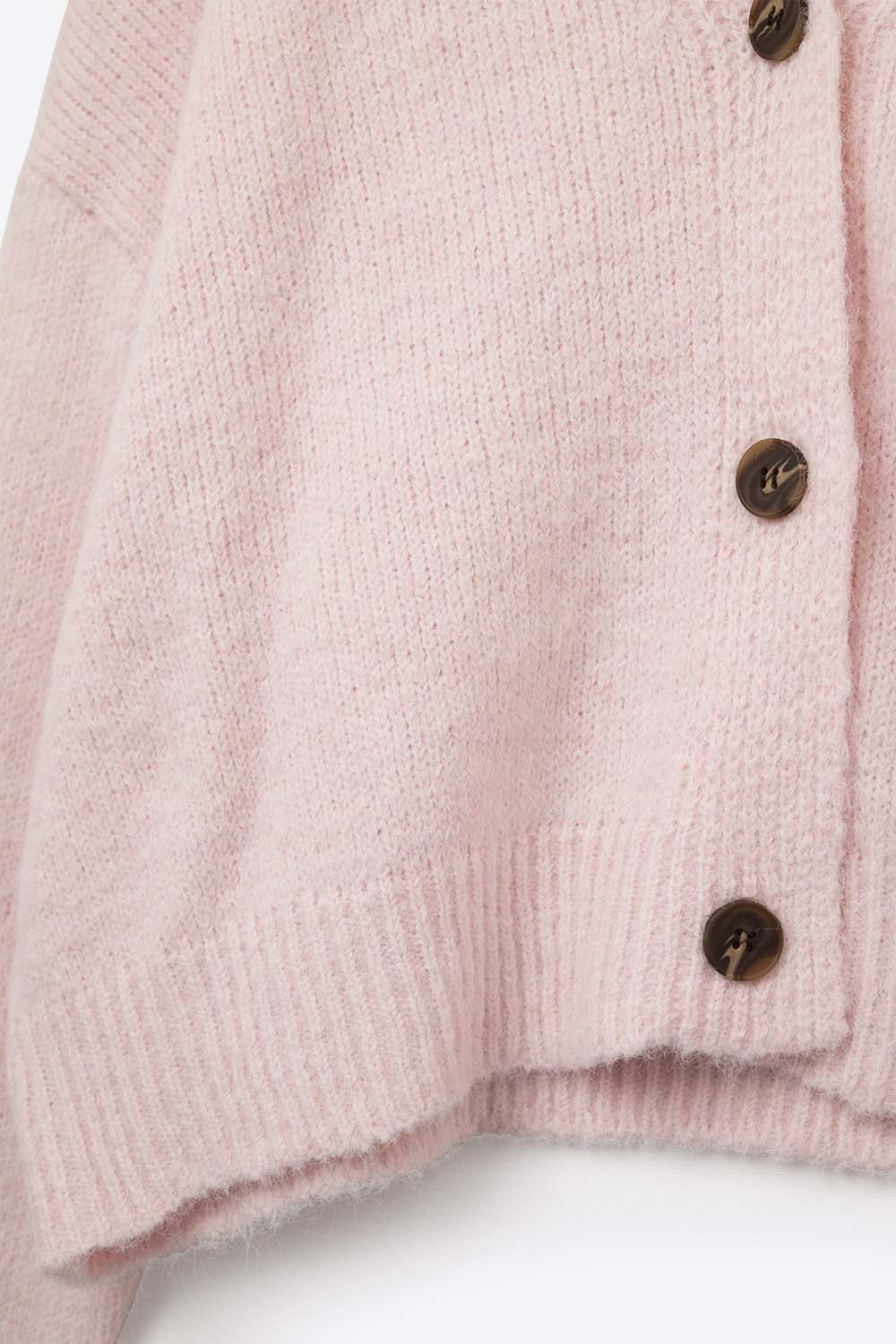 Cardigan b‡sico com bot›es rosa bebŽ com decote em V em malha fofa