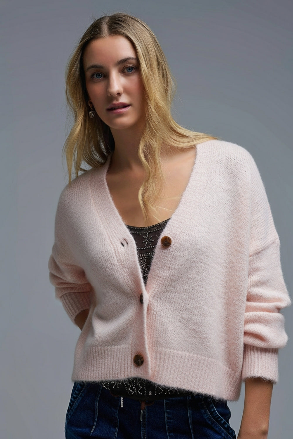 Q2 Cardigan b‡sico com bot›es rosa bebŽ com