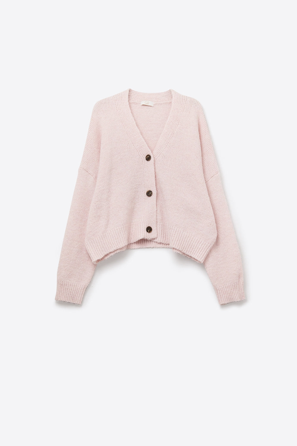 Cardigan b‡sico com bot›es rosa bebŽ com decote em V em malha fofa
