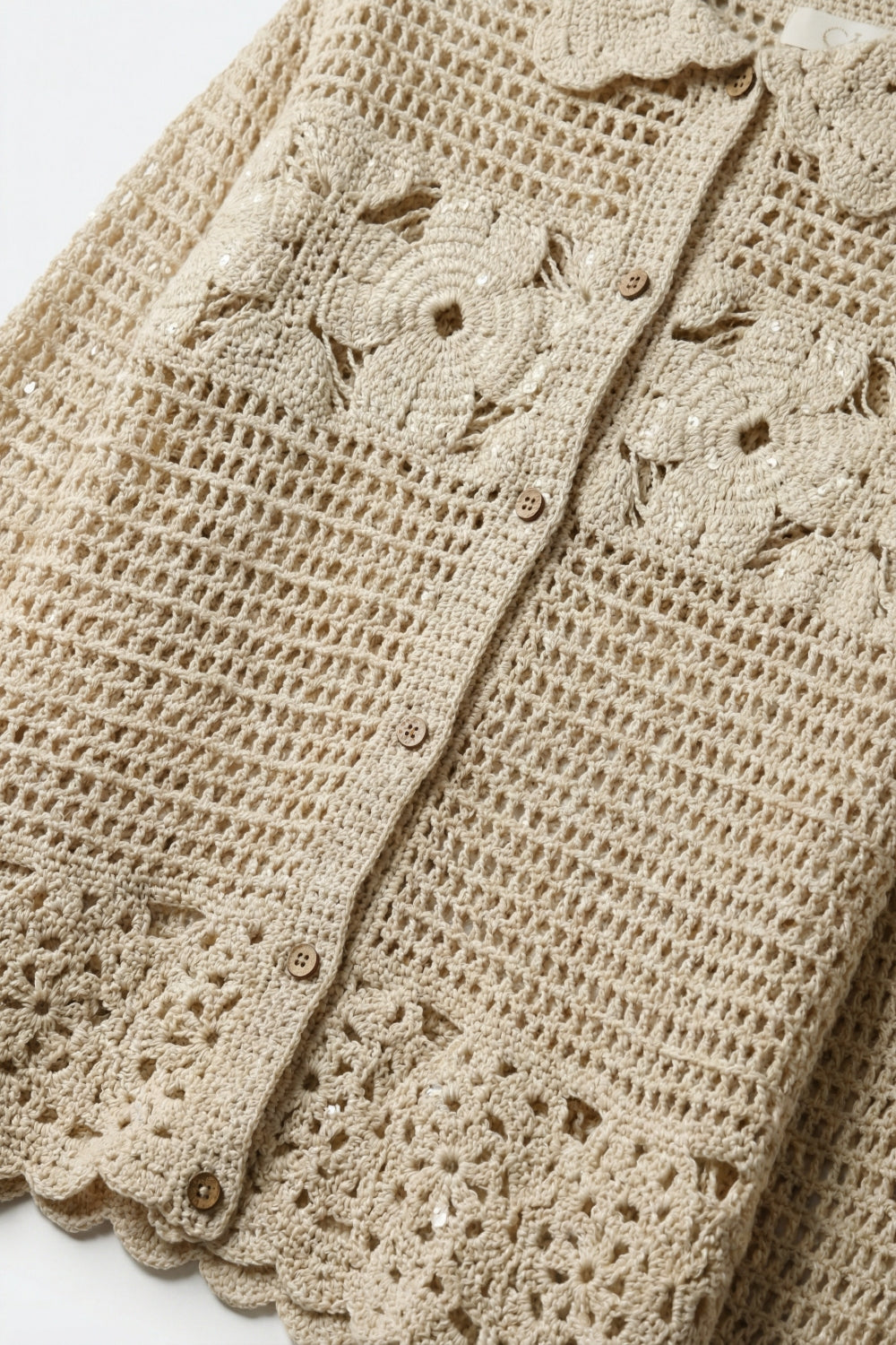 Cardigan de Crochê com Flores Tricotado em Creme
