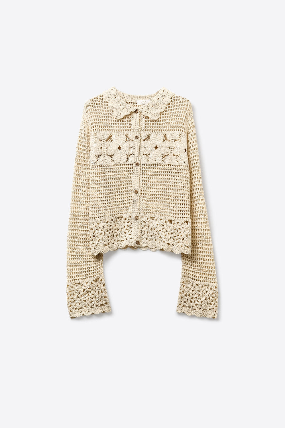 Cardigan de Crochê com Flores Tricotado em Creme